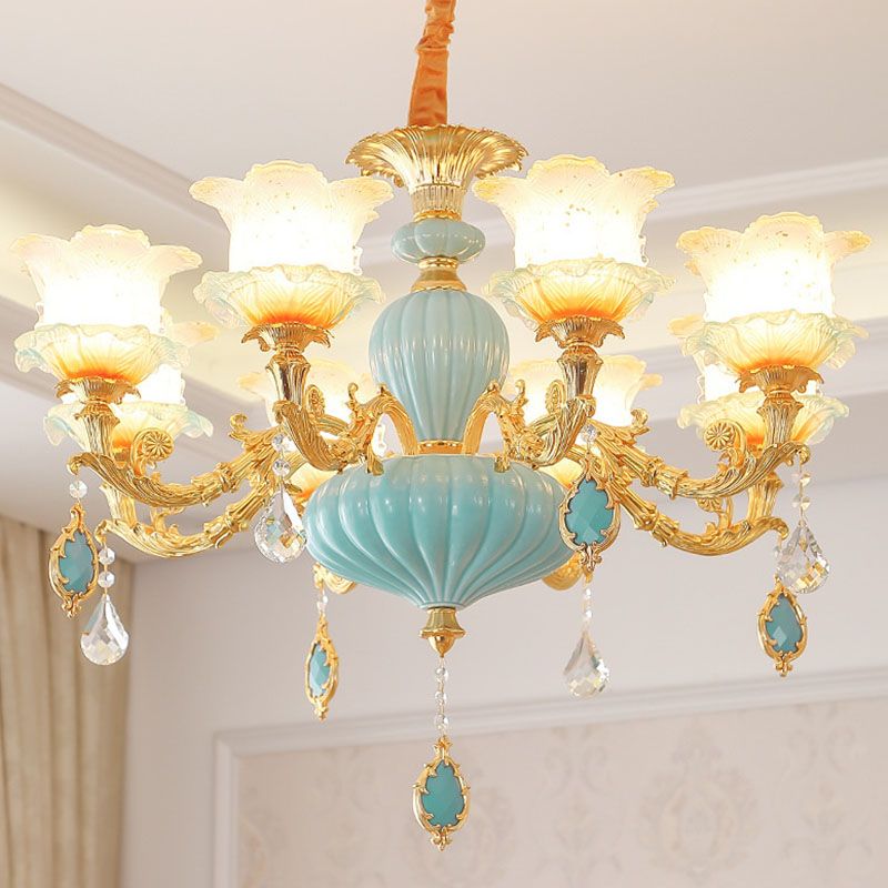 Gold Blossom Ceiling Chandelier Modernity Frosted Glass Hanging Light Fixture with Crystal Accent