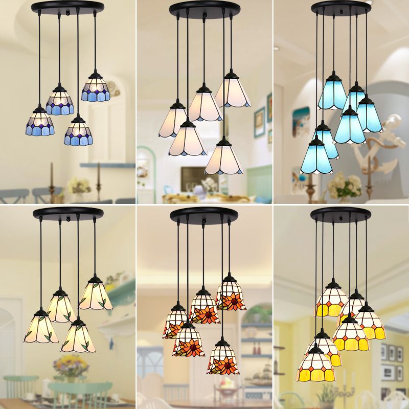 Floral Pendant Ceiling Light Handcrafted Art Glass Tiffany Style Suspension Lamp for Dining Room