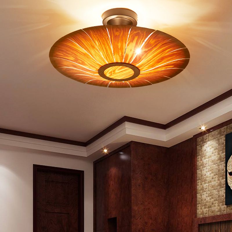 Simple Flush Mount Light Fixture Modern Ceiling Lamp with Wooden Shade for Sitting Room