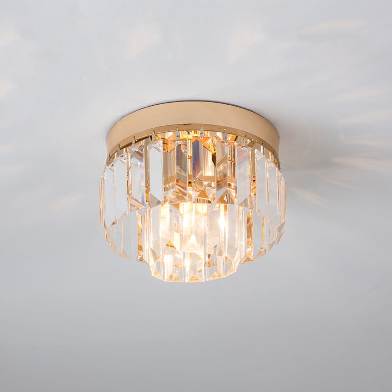 Luminaire LED moderne à 2 niveaux, abat-jour tambour, cristaux clairs taillés en biseau, lampe encastrée en or/noir