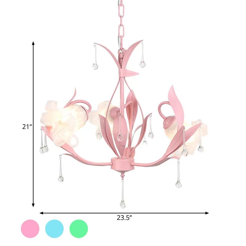 Opal Glass Blossom Chandelier Korean Garden 3/6 Bulbs Living Room Pendant in Pink/Blue/Green with Draping