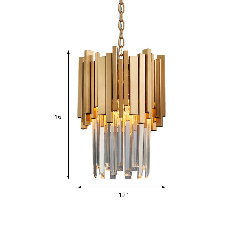 3 Lights Tiered Pendant Light Modernism Metal Hanging Ceiling Light with Clear Crystal Block in Chrome/Gold