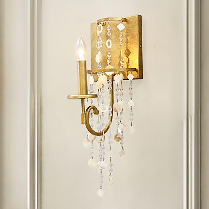 Exposed Wall Sconce Fixture Vintage Style Metal 1 Bulb Brass Wall Light with Crystal Beaded Strand and Shell Deco