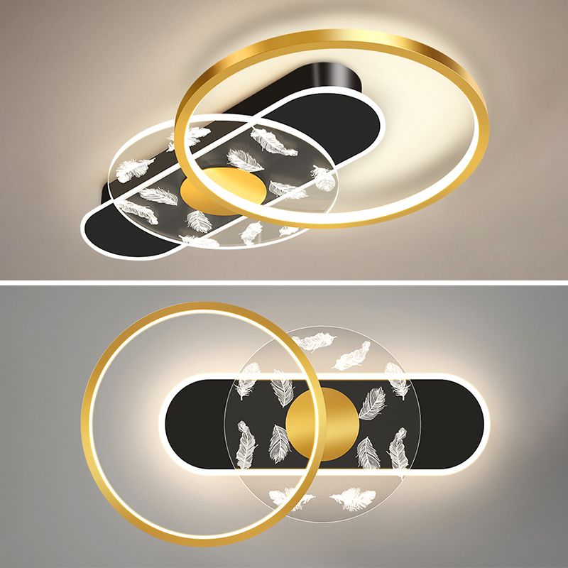 Black and Gold LED Semi Flush Mount in Modern Concise Style Circular Feather Ceiling Light with Acrylic Shade