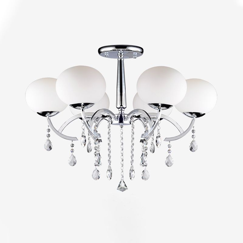 Milky Glass Ball Semi Chandelier Light Traditional 6-Light Chrome Finish Ceiling Lamp with Crystal Droplet