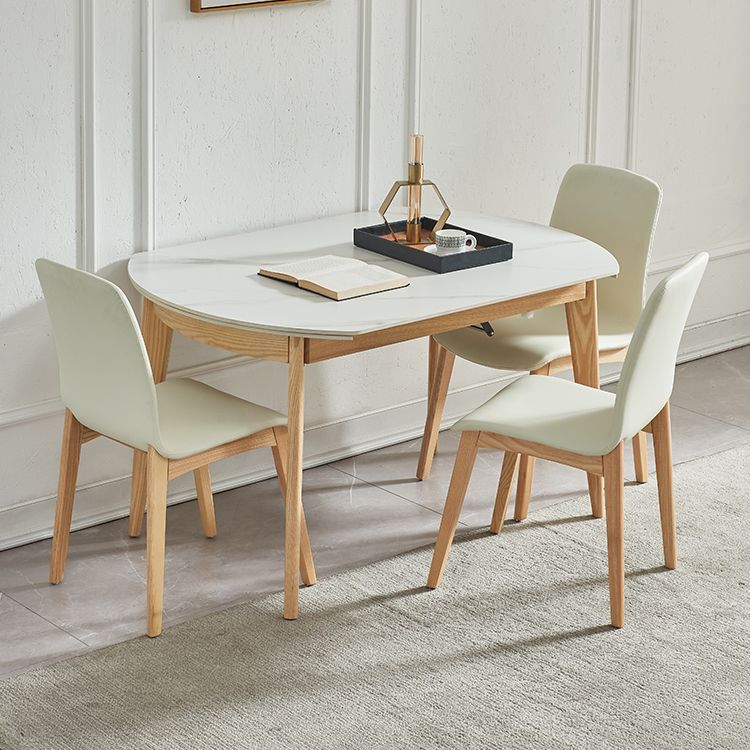 Round Contemporary Dining Room Table White Sintered Stone Table with 4 Ash Solid Wood Legs
