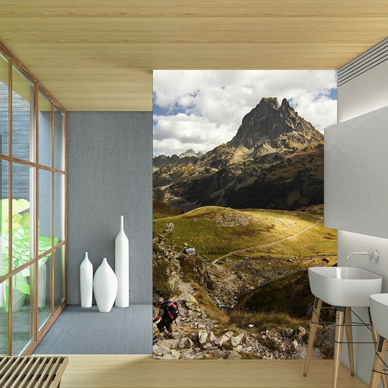Contemporary Mountain Hiker Wall Mural in Brown Stain Resistant Wall Decor for Home