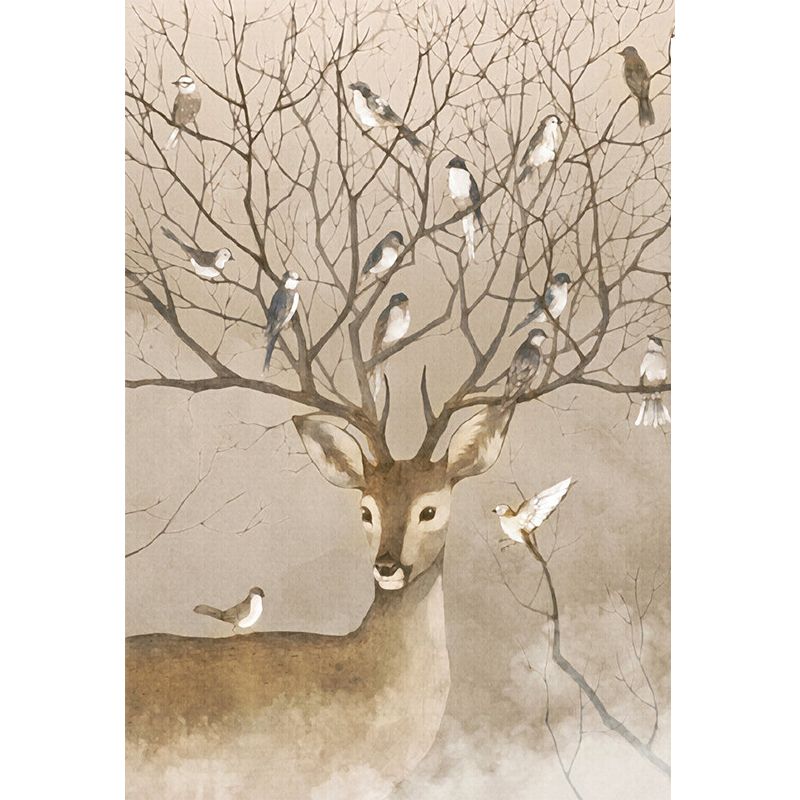 Large Animal Murals for Home Deer with Bird Patterned Wall Art in Brown, Waterproof