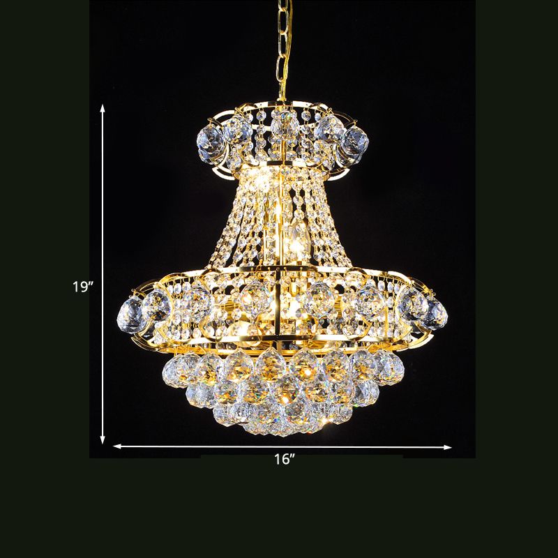 Crystal Raindrop Tapered Ceiling Light Luxury 6-Head Guest Room Pendant Chandelier in Gold