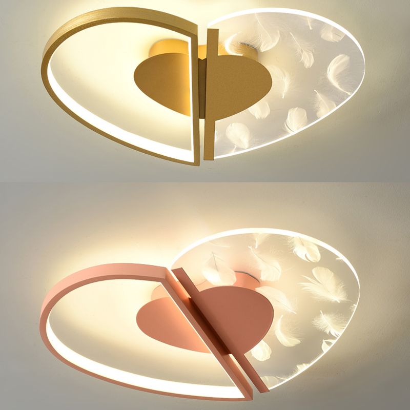 Love Heart Bedroom Flush Ceiling Light Acrylic Minimalist Feather LED Flush Mount Lighting