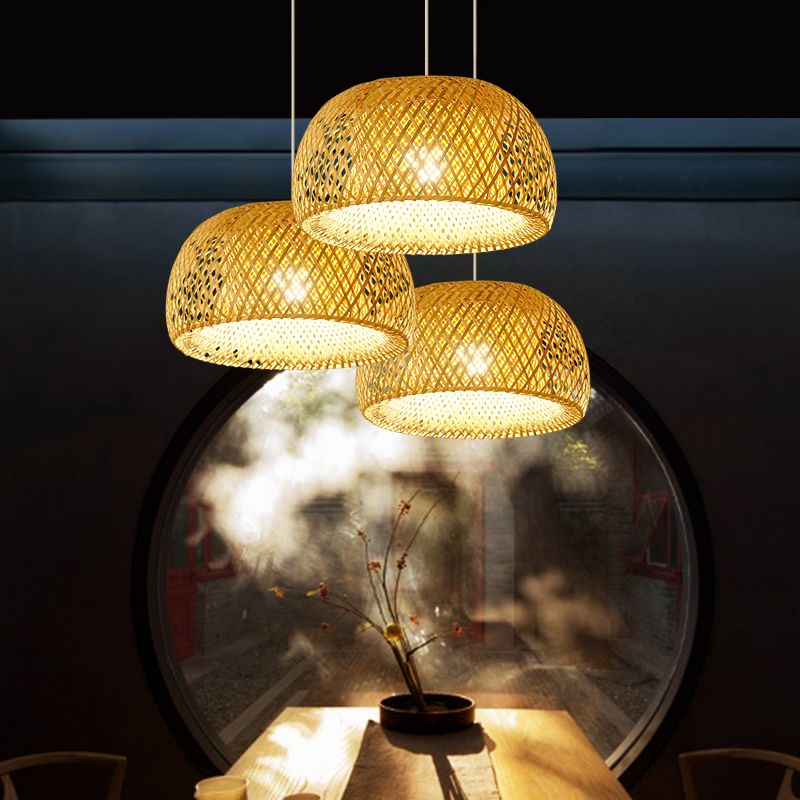 Cross-Weaving Dome Bamboo Pendant Lighting Chinese 1 Light Beige Hanging Ceiling Light over Table, 12"/14"/23.5" W