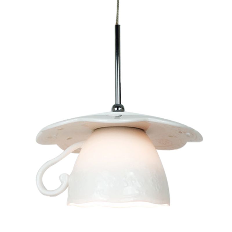 1-Light Restaurant Suspension Light Nordic White LED Ceiling Hang Fixture with Coffee Cup Ceramics Shade