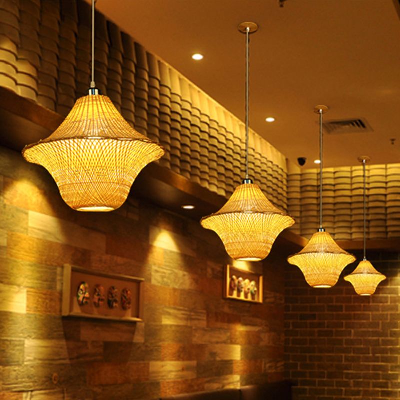 Hand-Woven Pendant Lighting Chinese Bamboo 1 Bulb Ceiling Suspension Lamp in Beige