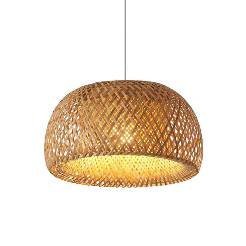 Cross-Weaving Dome Bamboo Pendant Lighting Chinese 1 Light Beige Hanging Ceiling Light over Table, 12"/14"/23.5" W