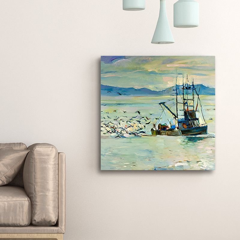 Traditional Wall Art Print Blue Gull and Fishing Boat on the Ocean Painting for Home