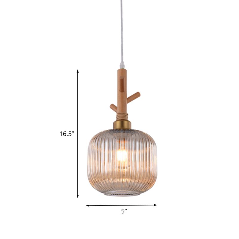 Modernism Drum Hanging Light Amber Ribbed Glass 1 Head Kitchen Island Ceiling Lamp with Wood Branch Top