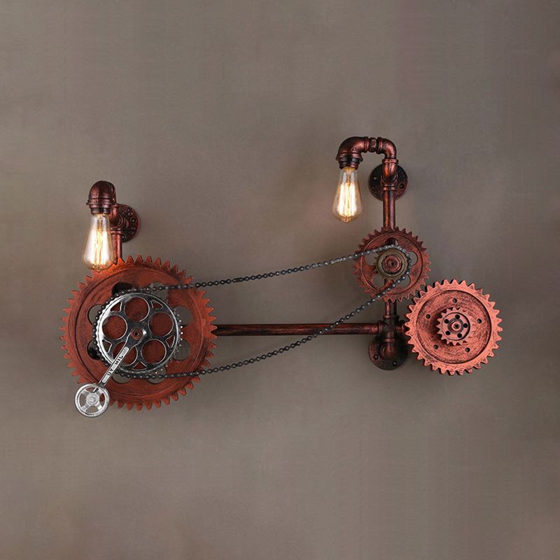 2 Lights Gear Sconce Light Fixture Vintage Weathered Copper Metal Wall Lamp