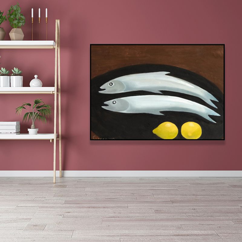 Cartoon Fish and Lemon Canvas Living Room Wall Art Decor in Black, Multiple Size Options