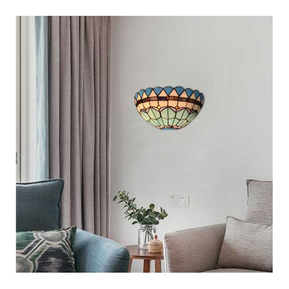 Baroque Bowl Wall Mount Light with/without Pull Chain Stained Glass 1 Light Wall Sconce Lighting in Blue