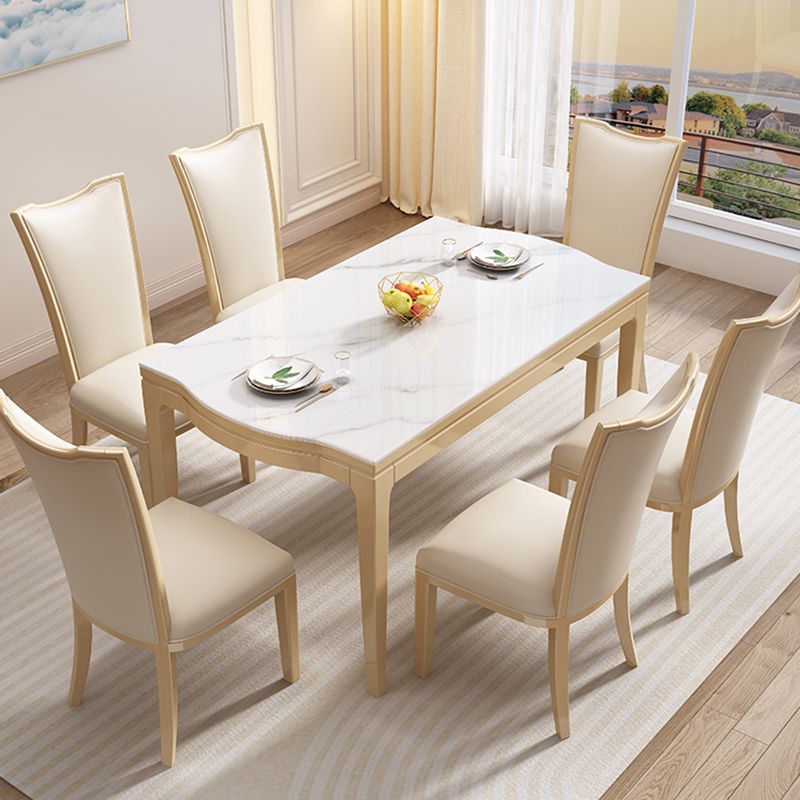 Modern White Stone Top Dining Table with Solid Wood Legs for Living Room