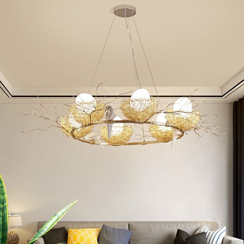 Artistic Bird Nest and Egg Chandelier Aluminum Dining Room Pendant Light in Gold