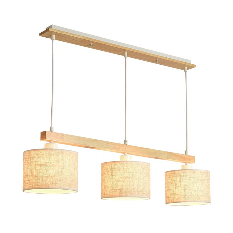 Simple Style 3 Heads Flaxen Square/Drum Island Pendant Light with Fabric Shade for Dining Room