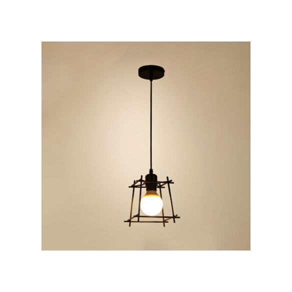 Retro -Stil quadratischer Käfig Anhänger Licht 1 leichte Metallendedecke Hängelampe in Schwarz/Weiß für Schlafzimmer