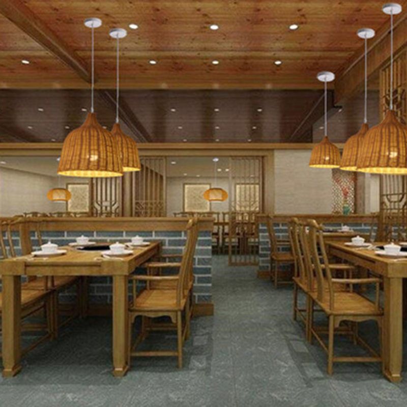 Chinese Basket Pendant Lighting Fixtures Rattan Hanging Light with Hanging Cord for Restaurant