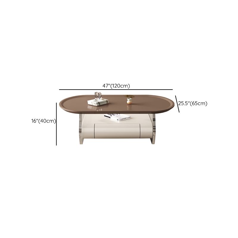 Brown Elliptical Coffee Table 15.7" H 1-Shelf & 1-Drawer Cocktail Table with Acrylic Legs