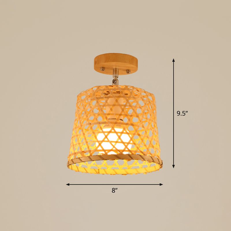Cage Style Aisle Semi Flush Light Bamboo Single-Bulb Asian Ceiling Mounted Light in Wood
