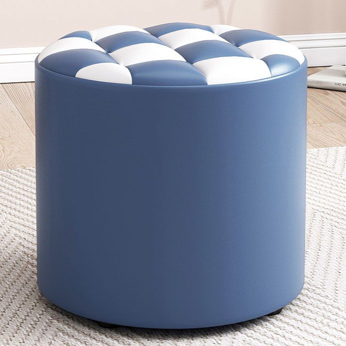 Mid-Century Modern Pouf Ottoman Faux Leather Tufted Square Pattern Round Ottoman
