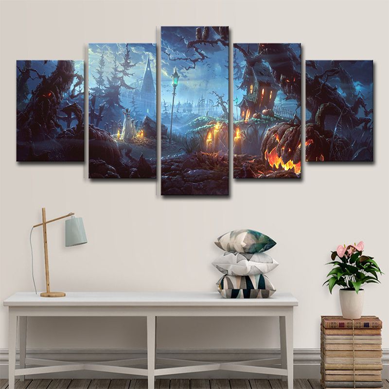 Halloween Forest Night Canvas Art Kids Dreary Scenery Wall Decor in Blue for Bedroom