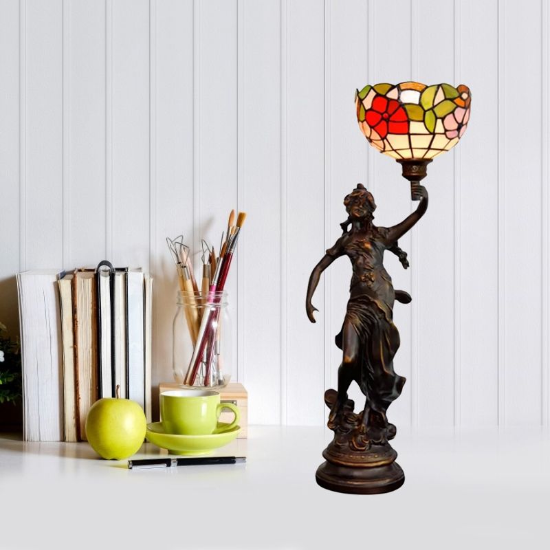 Harz Torchiere Tisch leichte Tiffany 1 Lampenbronze-Nachttisch-Lampe mit rot-gelb/blau/rotem Blütenglas Schatten