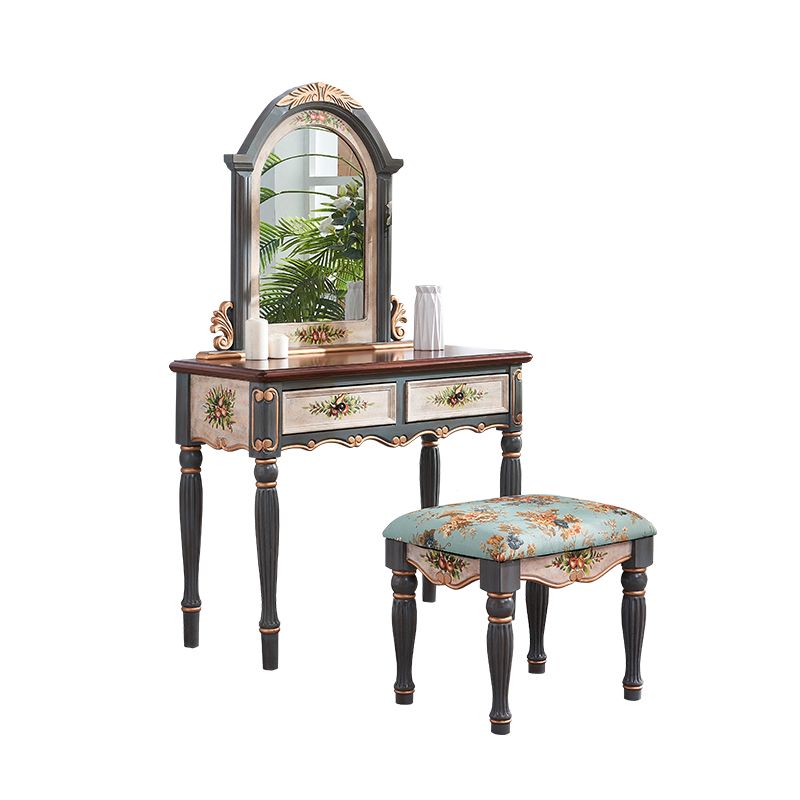 Victorian Wood Vanity Set with Stool and Mirror in Antique Oak Vanity