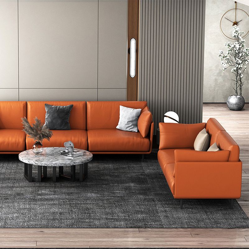 Faux Leather Orange Sofa Pillow Top Arm Sofa with Metal Legs