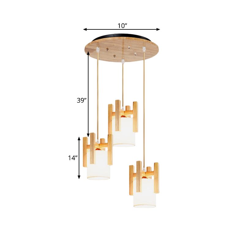 3 Lights Dinette Multi Light Pendant Modern Beige Ceiling Lamp with Column Fabric Shade and Wood Fence Top