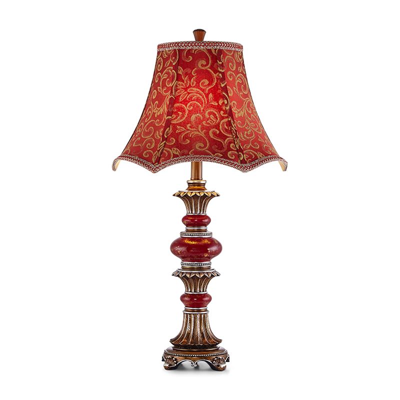 Retro Scallop-Edge Flared Table Light 1 Bulb Swirl Patterned Fabric Night Lamp in Red