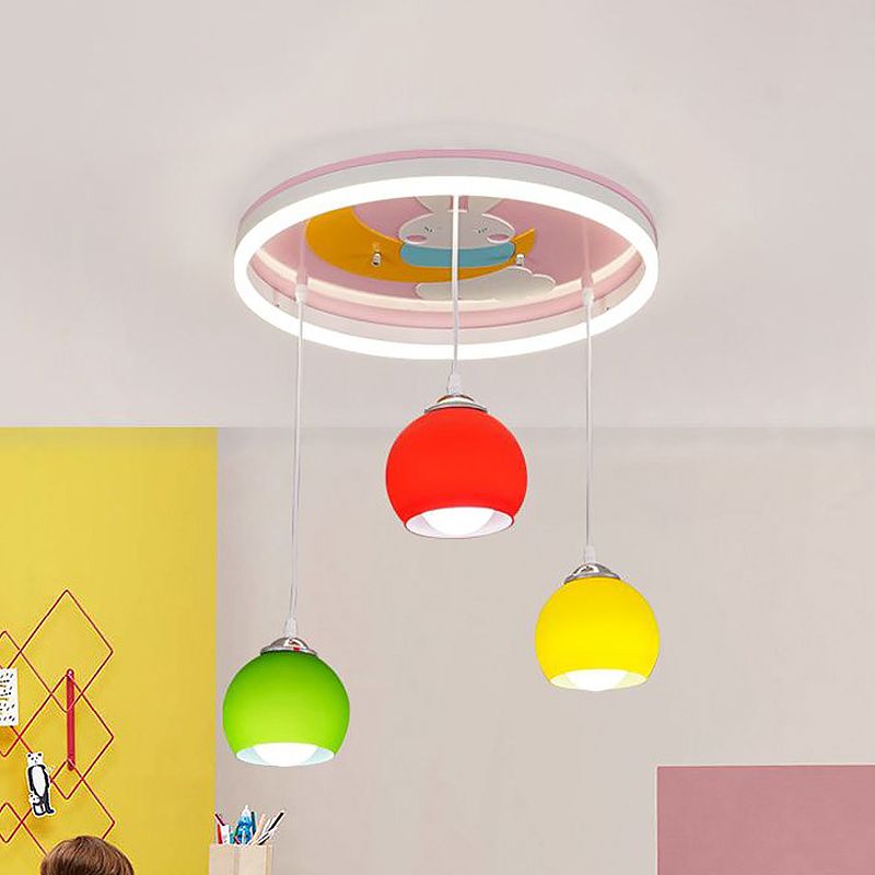Rabbit Pattern Circle Semi Flush Light Cartoon Acrylic 3-Head Pink Ceiling Mount Lamp with Dangling Colorful Dome Shade