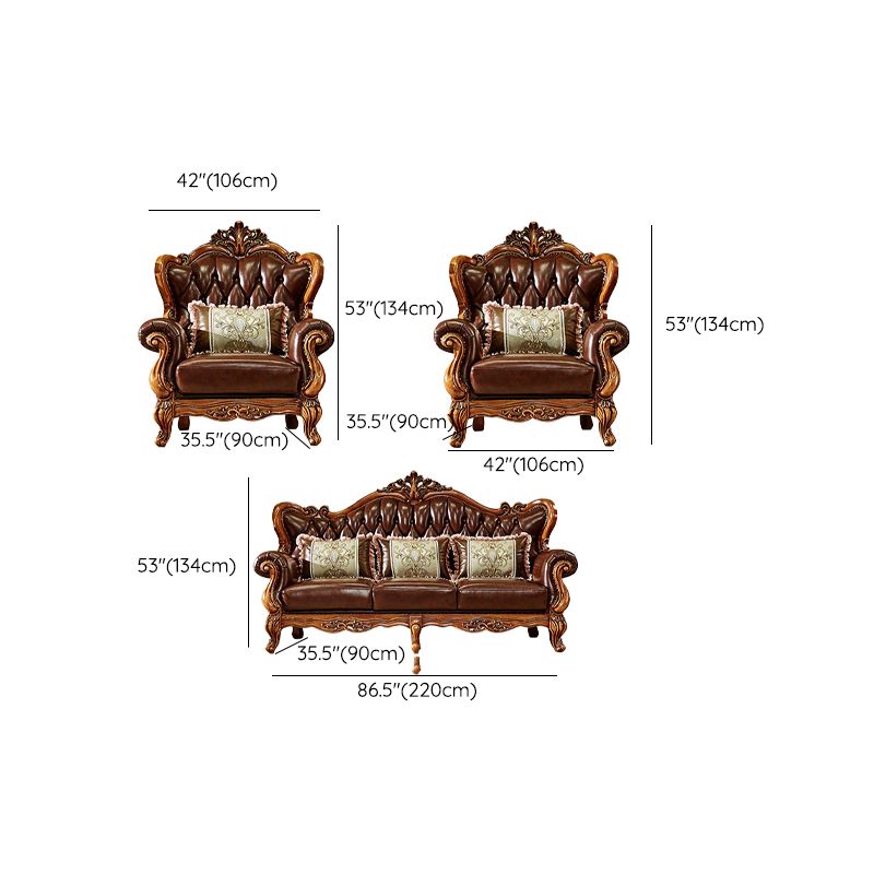 Ornate Traditional Tufted Split-Back Seating Flared Arm Sofa with Pillows in Brown