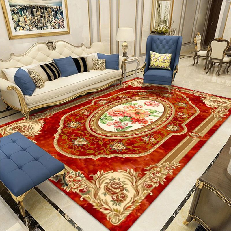 Red Retro Carpet Polyester Flower Carpet Washable Carpet for Home Decoration