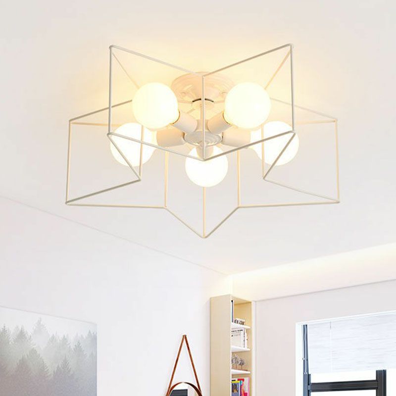 5 Heads Semi Flush Fixture Antique Star Frame Iron Flush Mount Ceiling Light for Bedroom