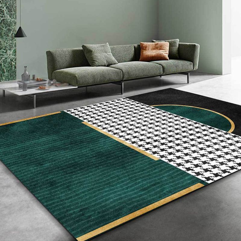 Green Living Room Rug Modernism Geometric and Houndstooth Pattern Rug Polyester Washable Anti-Slip Backing Pet Friendly Carpet