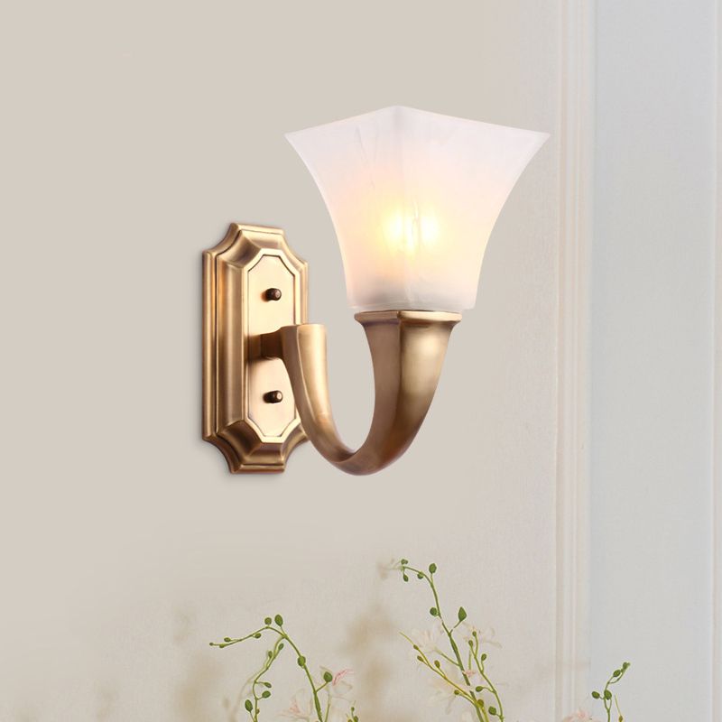 1 Bulb Sconce Light Fixture with Flared Shade Frosted Glass Vintage Style Bedroom Wall Mount Lamp in Gold