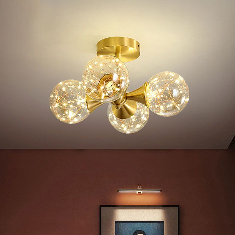 Simple LED Pendant Chandelier Brass Sphere Starry Hanging Lighting with Glass Shade
