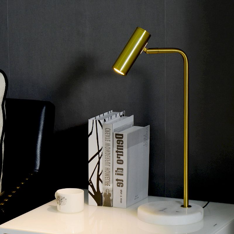 Metal Tubular Night Table Lighting Post-Modern 1 Bulb Gold Nightstand Lamp with Angled Arm for Study Room