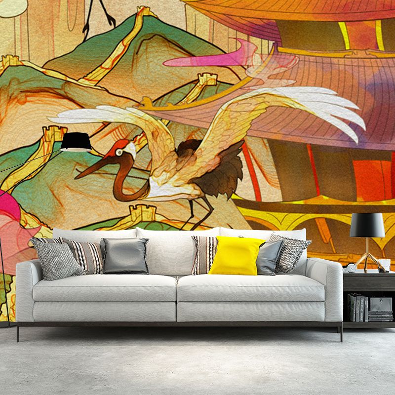 Orange Chinoiserie Wall Paper Mural Large Halcyon and Temple Scenery Wall Decor for Bedroom