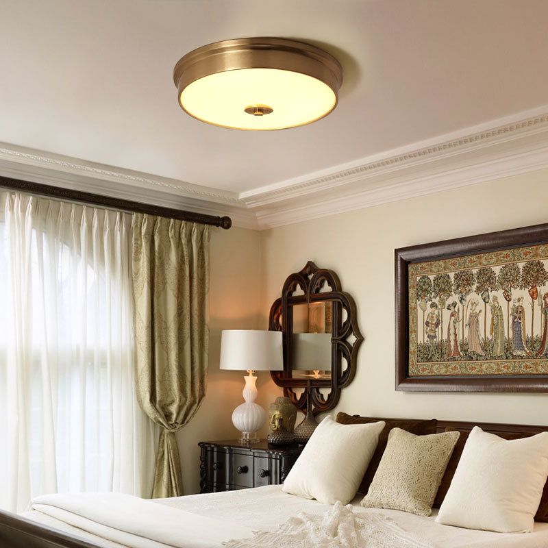 Plafonnier en verre doré de style rétro colonial, plafonnier circulaire en cuivre pour chambre à coucher