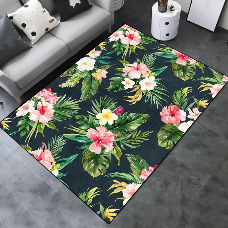 Green Tone Modern Indoor Rug Polyester Leaves Print Carpet Non-Slip Backing Rug for Home Decoration