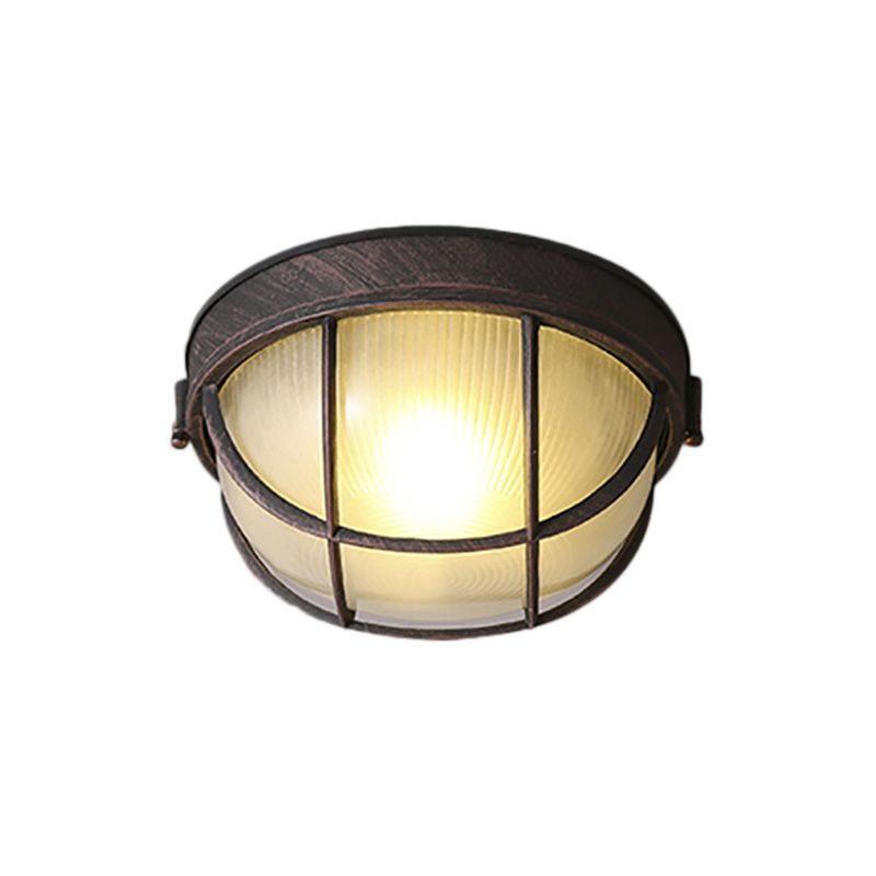 Plafonnier à lumière unique rouille, luminaire encastré à dôme en verre nervuré rustique avec cage