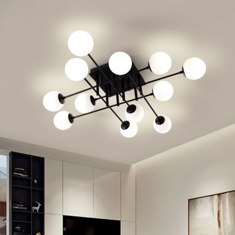Modern Style Ball Ceiling Flush Light Opaline Glass Living Room Semi Flush Mount Light in Black